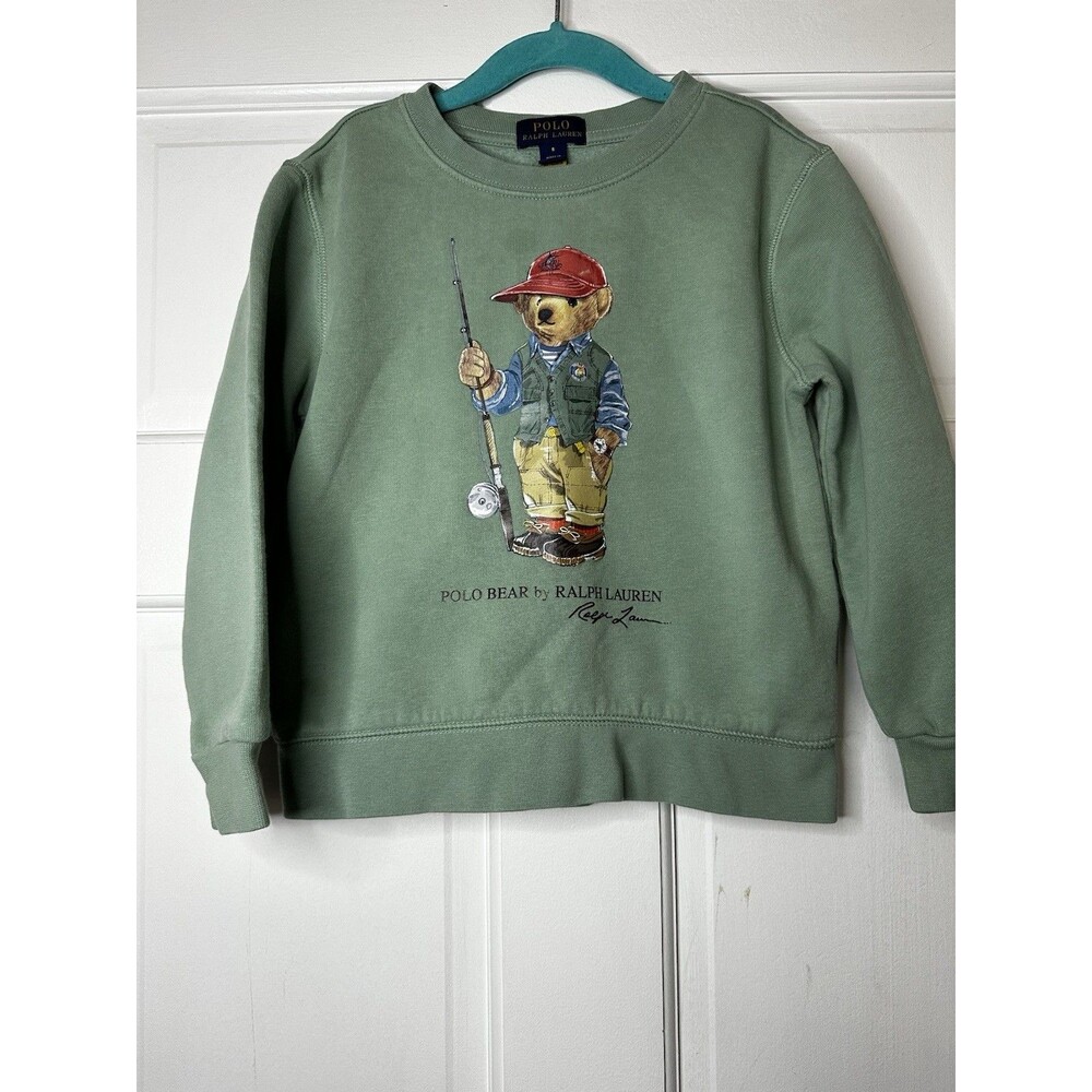 Polo Ralph Lauren Boys Polo Bear Pullover Sweatshirt Green Graphic Print Size 5